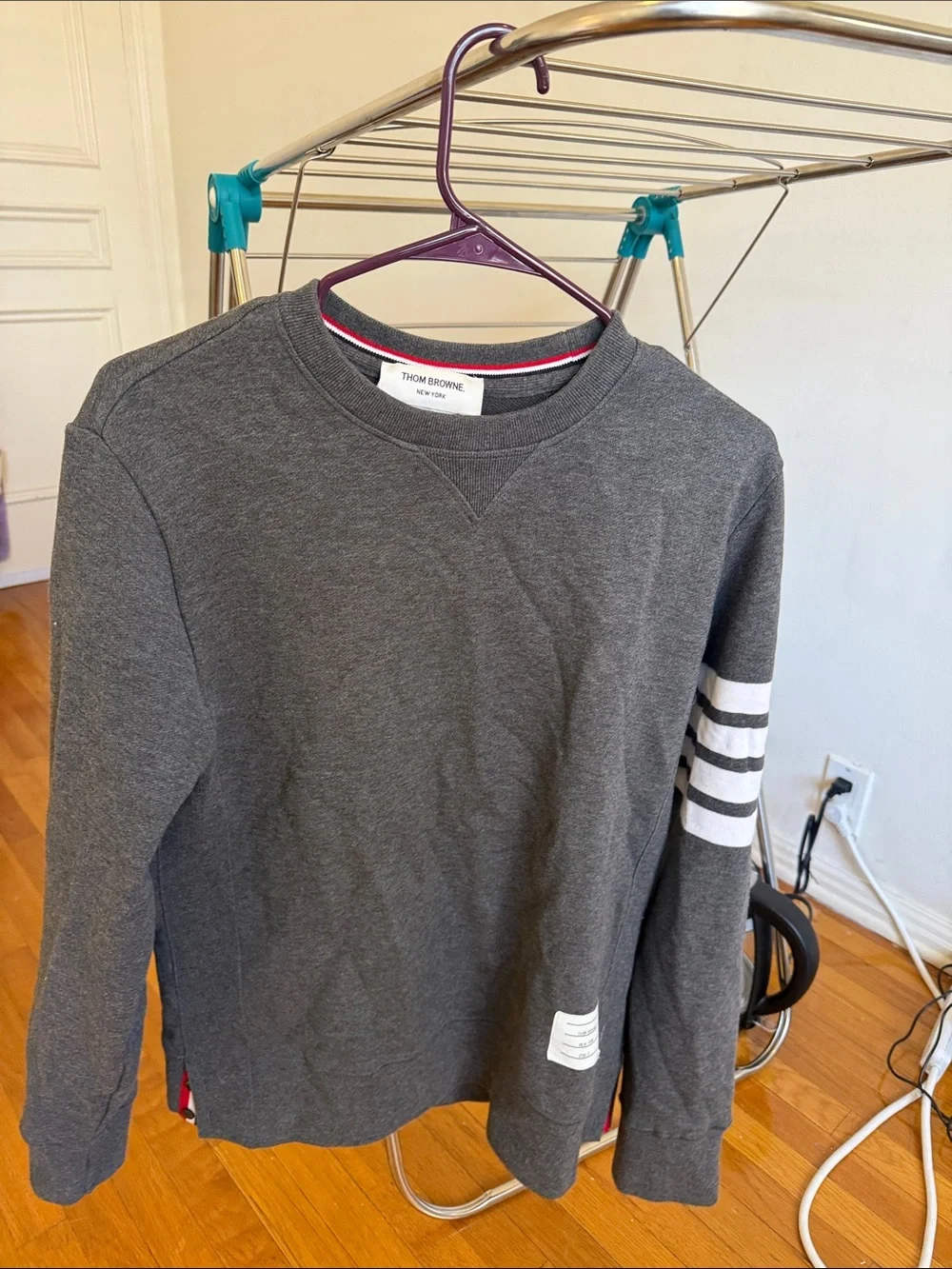Thom Browne Charcoal Gray Crewneck Sweatshirt with White Sleeve Stripes